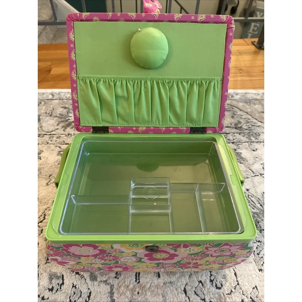 Vintage Y2K Sewing Basket Green Pink Floral Tapestry w/Inside Tray Handle Padded